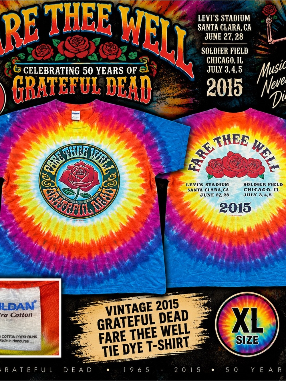 Grateful Dead Fare Thee Well 2015 50th Anniversary Tie Dye T-Shirt XL Gildan